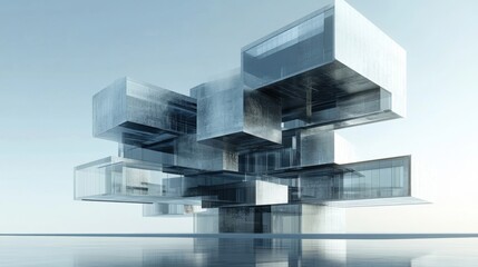 A business center built from stacked, floating cubes of steel and glass