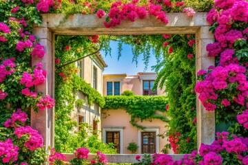 Pink fuchsia blooms and green foliage accent a modern building's rectangular frame in a romantic architectural photograph.