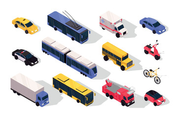 Transport 3d isometric mega set in flat design. Collection isometry elements of taxi car, trolleybus, ambulance, police auto, tram, school bus, scooter, bicycle, truck, other. Vector illustration.
