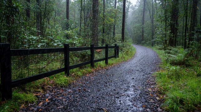 Rain-soaked forest path with a black fence