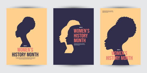 Set of 2025 Women history month w modern art poster, 8 March for cover, greeting card, banner template design with modern flat style different women.