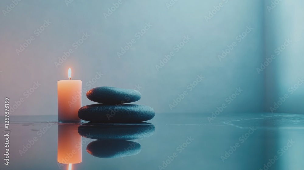 Aufkleber Relaxing spa environment with smooth massage stones and calming lit candles for peace and tranquility. Generative AI