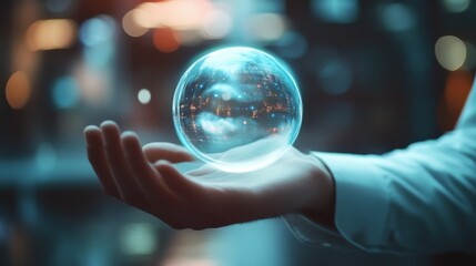 Fototapeta premium Close up of businessman hand holding glowing round cloud hologram on blurry bokeh background. Cloud computing and database concept. Double exposure