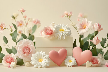 White box with a pink heart on it is surrounded by flowers