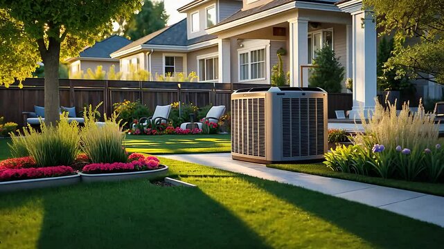 Modern energy-efficient air conditioning unit installed in a beautifully landscaped backyard of a suburban home


