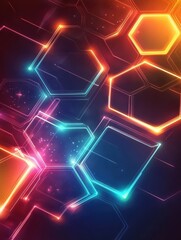 Colorful glowing neon tech hexagons abstract background. Vector design