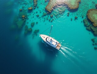Fototapeta premium Aerial View of a White Sail Yacht Near a Vibrant Coral Reef in Turquoise Waters
