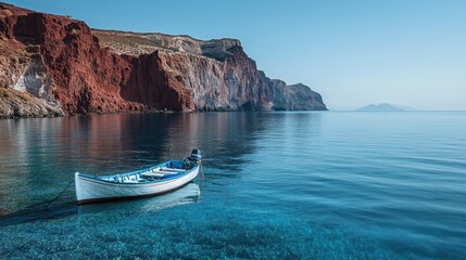 A fisherman's boat anchored in the calm waters of Ammoudi Bay, with red cliffs rising dramatically in the background