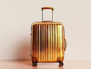 Travel essentials golden luggage on display modern interior product photography minimalist style