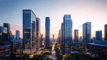 A futuristic business park with high-rise office buildings under a clear evening sky