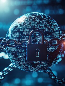 Digital security concept with a globe made of binary code wrapped in chains and a padlock, symbolizing data protection and cyber defense.