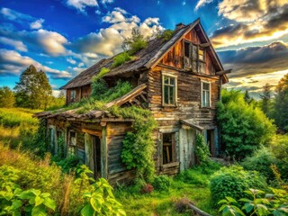 Fototapeta premium Rustic charm meets rural decay in this panoramic view of an abandoned wooden house.