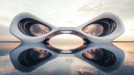 A futuristic corporate headquarters with a levitating steel bridge between two towers