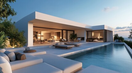 Fototapeta premium A high-end private villa in Santorini, featuring modern white architecture, a spacious outdoor lounge, and a perfect sea view