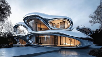 Fototapeta premium A house that appears to be made entirely of liquid metal, futuristic architecture