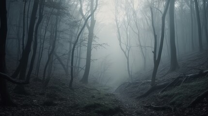Obraz premium Mysterious dark forest with fog in the morning, mystical landscape
