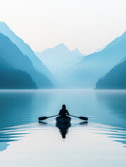 Mountain lake escape aerial view of calm waters and kayaking bliss