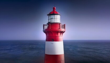 Fototapeta premium A striking 3D lighthouse with an iriodin effect, glowing in white and red signal colors, standing tall against powerful ocean waves and a dramatic cloudy sky.