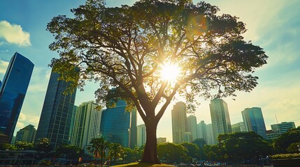 Obraz premium Sunlight shining through a large tree, with a city skyline in the background, blue sky