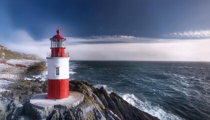 Obraz premium A striking 3D lighthouse with an iriodin effect, glowing in white and red signal colors, standing tall against powerful ocean waves and a dramatic cloudy sky.
