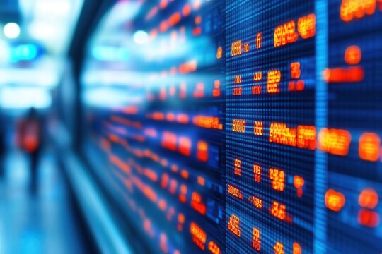 Stock exchange ticker tape displaying market trends financial district digital display urban environment close-up view