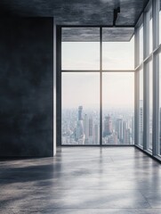 Fototapeta premium Minimalistic hall interior with empty gray wall, city view and daylight. Gallery and presentation concept. Mock up, 3D Rendering