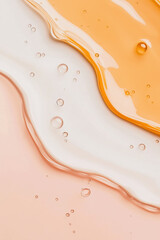 A close-up shot of skincare products, featuring a transparent and yellow gel or serum pouring over a flat surface. Beauty texture background ideal for use as a wallpaper for beauty product marketing.