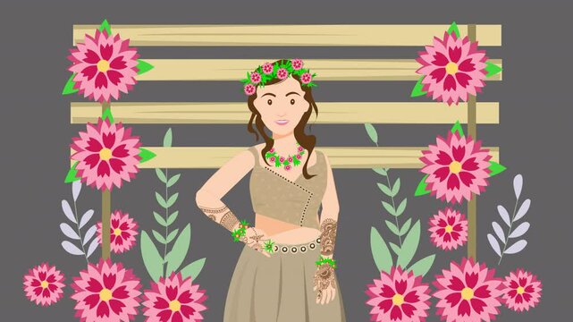 Represent the wedding mehndi ceremony through flat vector animation. Characters design and apply henna to brides, capturing the art in a sleek, modern style.