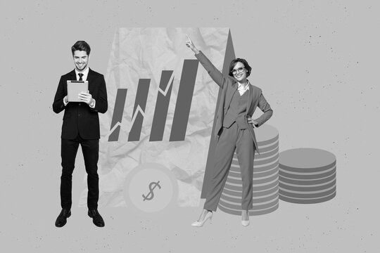 Creative collage artwork photo of two young successful businesswoman partner hold tablet rich colleagues stats board isolated over grey background