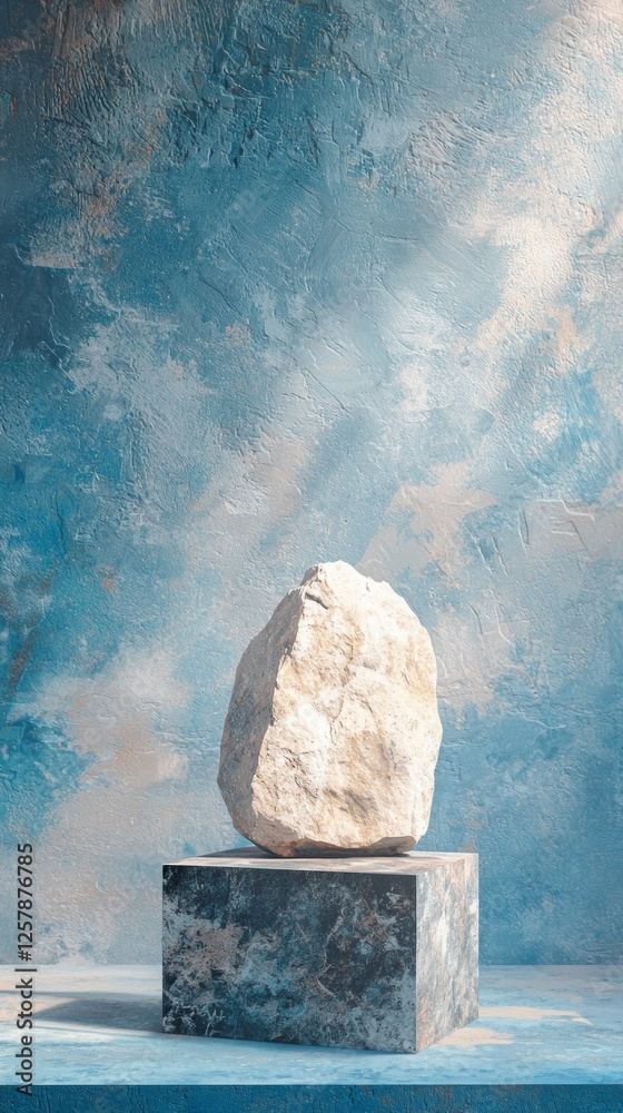 Poster A unique rock podium stand is elegantly positioned atop a textured base, creating a striking visual against a captivating blue and white background, evoking a sense of artistry and elegance