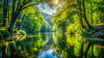 Obraz premium Serene River Forest Landscape: High Depth of Field Photography, Nature Scenery, River View, Woodland, Deep Focus