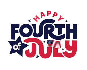 4th of July banner design with bold text, stars and American flag isolated on white background. Fourth of July USA Independence Day celebration greeting card, poster, flyer, template, sticker, stamp