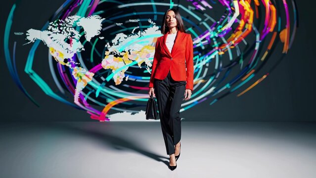 Businesswoman walking confidently with a briefcase, approaching a vibrant graphic of a world map, surrounded by swirling connections symbolizing global networks and communication - Powered by Adobe