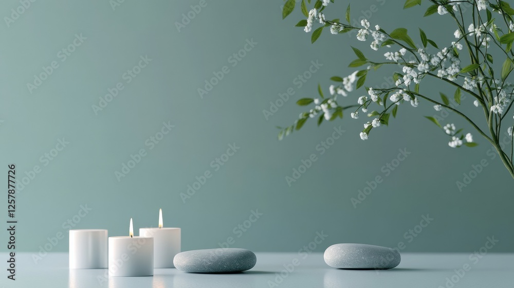 Poster relaxing spa setup features smooth stones and lit candles inviting tranquility and peace. generative