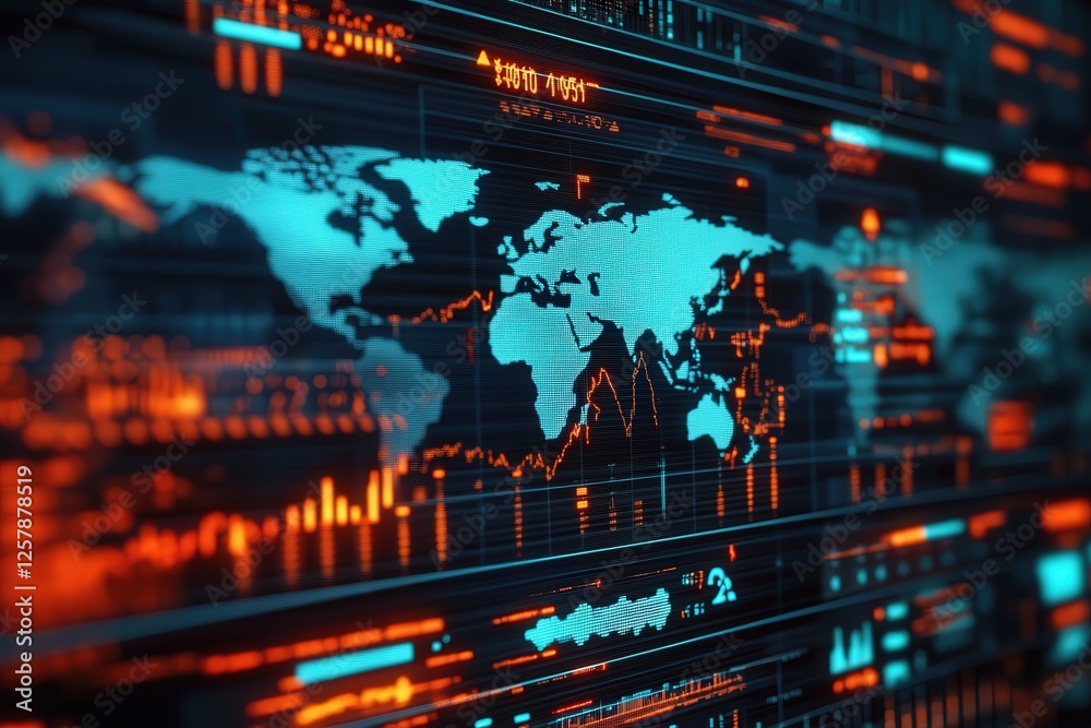 Poster action-packed digital dashboard visualization global insights data analytics tech environment close-