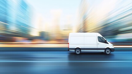 Naklejka premium White delivery van speeds through a blurred urban cityscape showcasing rapid transit. Symbolizes efficiency and logistics. Ideal for transport and supply chain.