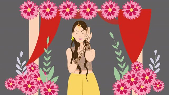 Depict Mehandi ceremonies with vector characters, showcasing detailed henna art, cultural elements, and vibrant wedding vibes.