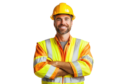 Handsome man with a confident smile wearing construction worker uniform and hard hat isolated on white or transparent, PNG