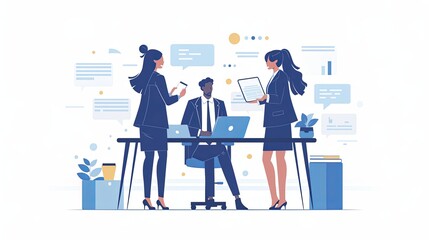 Office team collaborating during a meeting with laptops and professional discussions