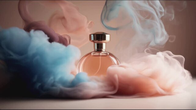 Elegant perfume bottle surrounded by colorful wisps of smoke in soft lighting
