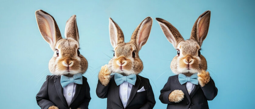 easter celebration holiday greeting card, three bunnies rabbits with suits, isolated on pastel blue background