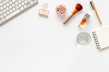 White working office table background with accessories