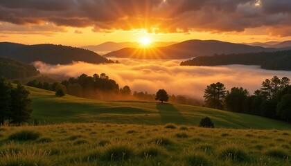 Obraz premium Beautiful sunrise with golden rays shining through clouds over misty valley for Easter celebration 