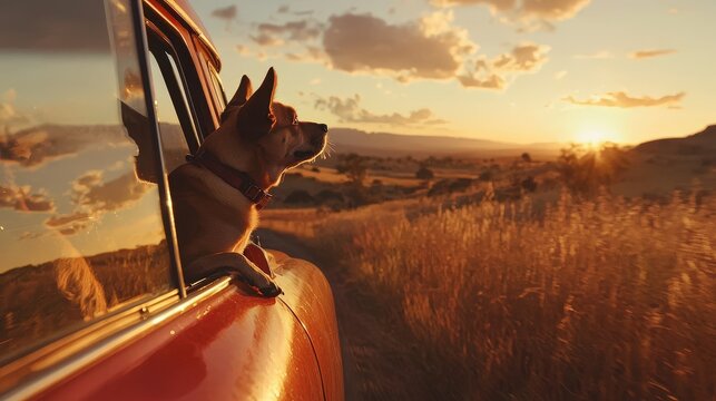 Dog looks out the car window during golden sunset, symbolizing freedom and adventure. Ideal for travel blogs, pet-related marketing, and outdoor adventure themes.