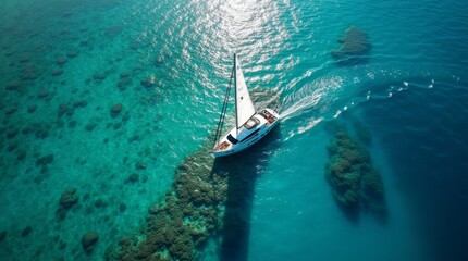 Obraz premium Aerial View of a White Sail Yacht Near a Vibrant Coral Reef in Turquoise Waters