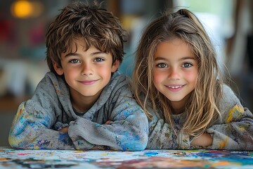 Siblings delve into the world watercolors, their expressions focused and alive with the thrill artistic creation.