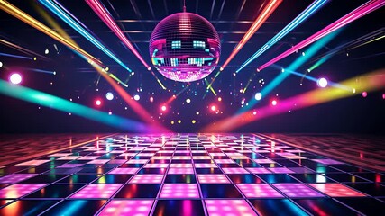 Vibrant retro disco dance floor with colorful neon lights, a spinning mirror ball, and dynamic laser beams

 - Powered by Adobe