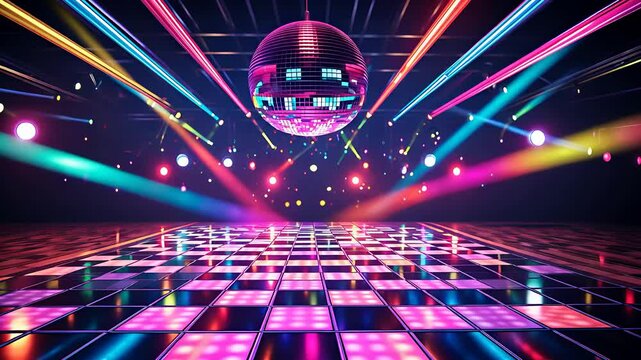Vibrant retro disco dance floor with colorful neon lights, a spinning mirror ball, and dynamic laser beams

