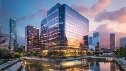 Obraz premium Business district of LA, modern office buildings with glass facades reflecting the warm evening light