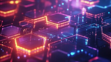 Obraz premium Colorful glowing neon tech hexagons abstract background. Vector design